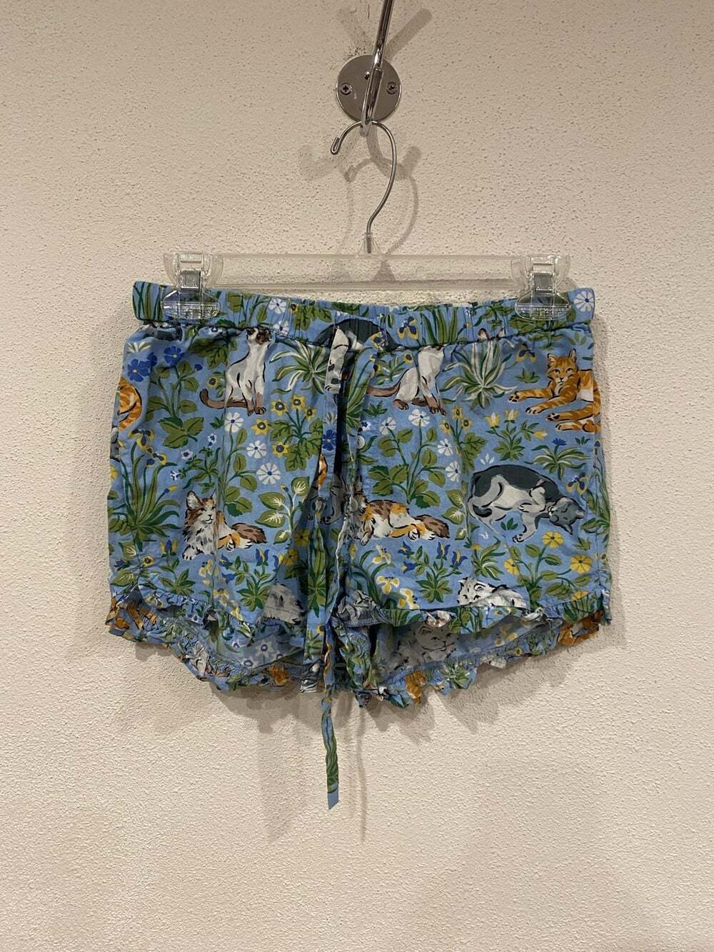 Printfresh Sleep Shorts Womens 2XS Blue Cat Floral Ruffle Drawstring Pajama